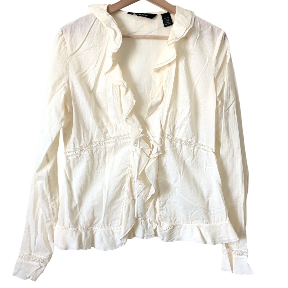Y2K 90s Express Cream Ruffle Lace Blouse Romantic Top Size 7/8 Whimsy Coquette